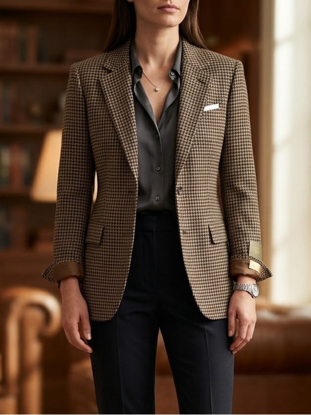 Houndstooth Tailored Blazer - Brown